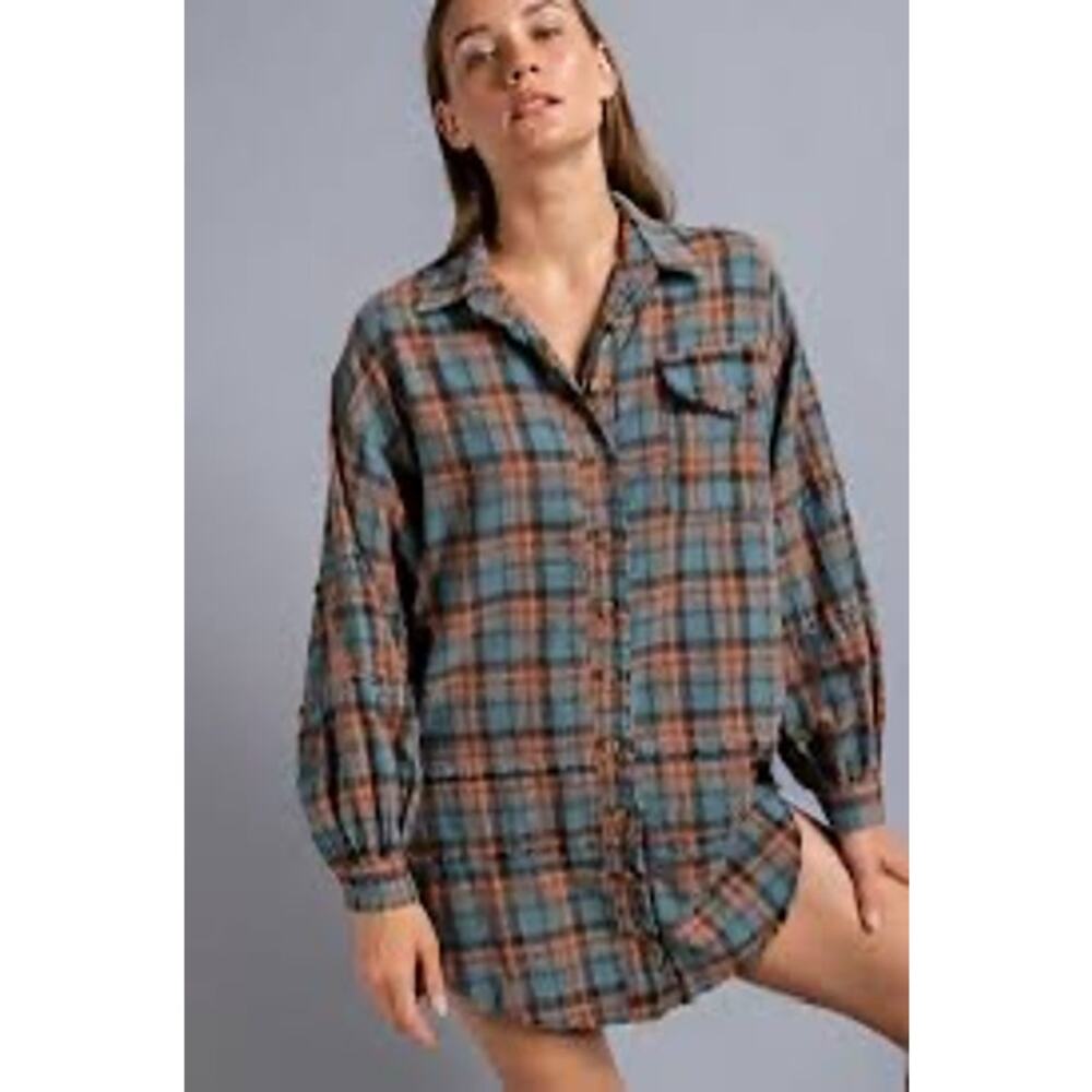 EASEL CLOTHING Green Orange Mineral Washed Plaid Button Up Vintage Shirt sz L